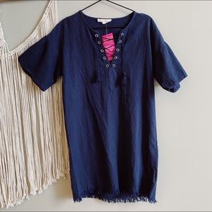 NWT Love Tree navy Shift dress Lace up fringe